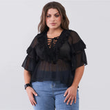 Sheer Mesh Ruffle V-neck Plus Size Women's Top