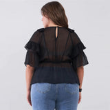 Sheer Mesh Ruffle V-neck Plus Size Women's Top