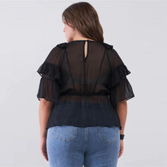 Sheer Mesh Ruffle V-neck Plus Size Women's Top