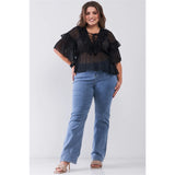 Sheer Mesh Ruffle V-neck Plus Size Women's Top