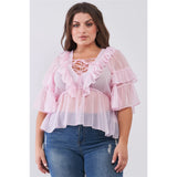 Sheer Mesh Ruffle V-neck Plus Size Women's Top