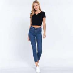 Black Short Sleeve Notched Rib Seamless