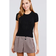 Short Sleeve Crew Neck Point Elle Sweater - Black