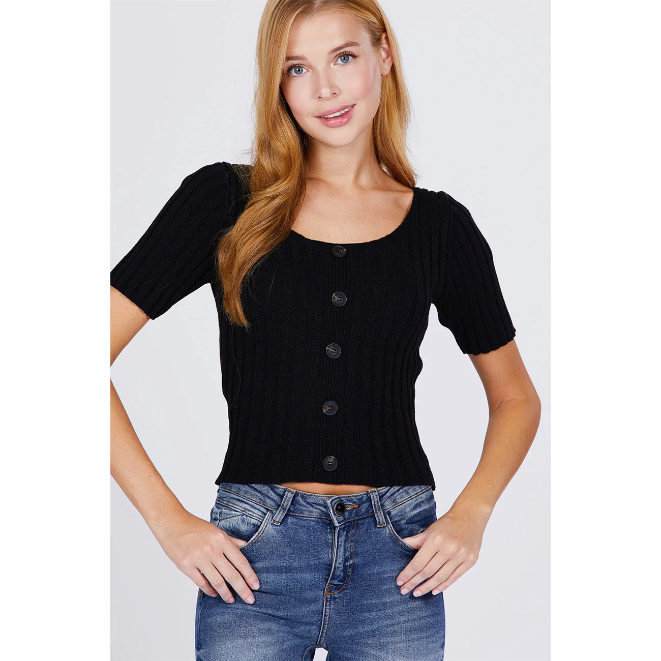 Short Sleeve Rib Sweater Top - Black