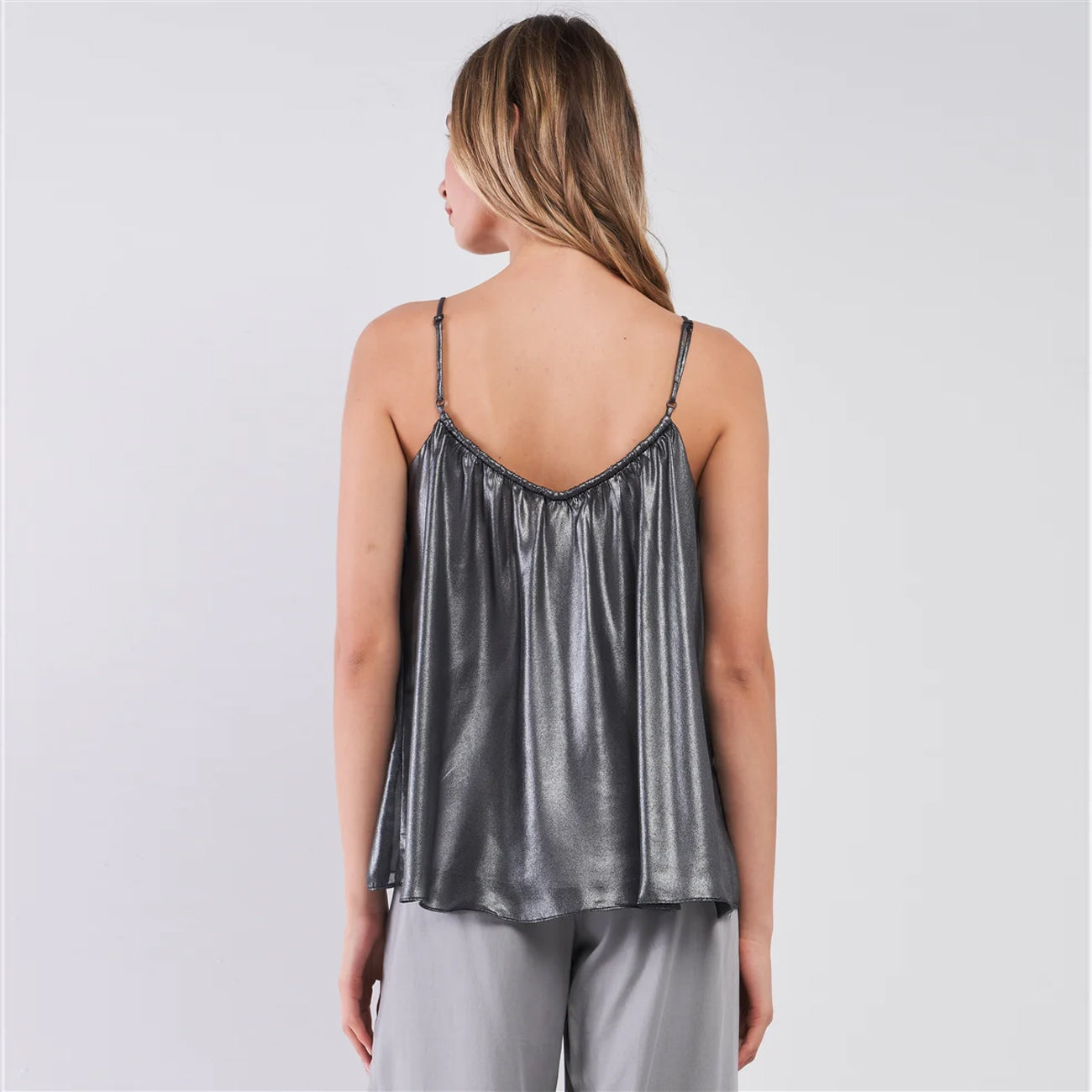 Silver Black V-neck Sleeveless Loose Fit Women's Top