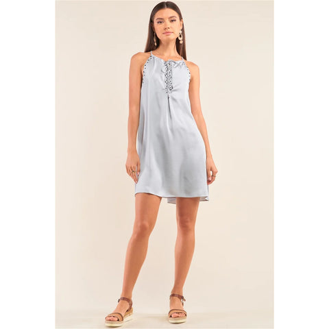 Silver Dust Satin Grommet Studded Mini Dress