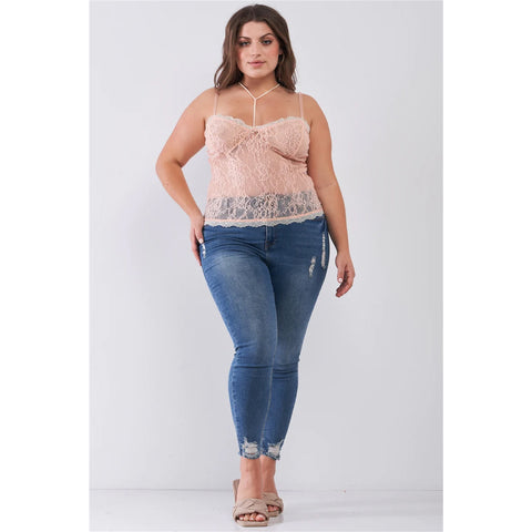 Sleeveless Sheer Lace Halter Neck Bustier Plus Women's Top