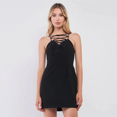 Slim Fit V-neck Women's Mini Dress - Black