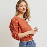 Smocked Band Women's Top Puff Sleeve