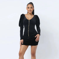 Soft Velvet Pleated Puff Sleeve Women Mini Dress