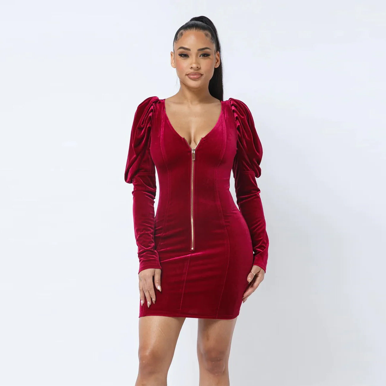 Soft Velvet Pleated Puff Sleeve Women's Mini Dress