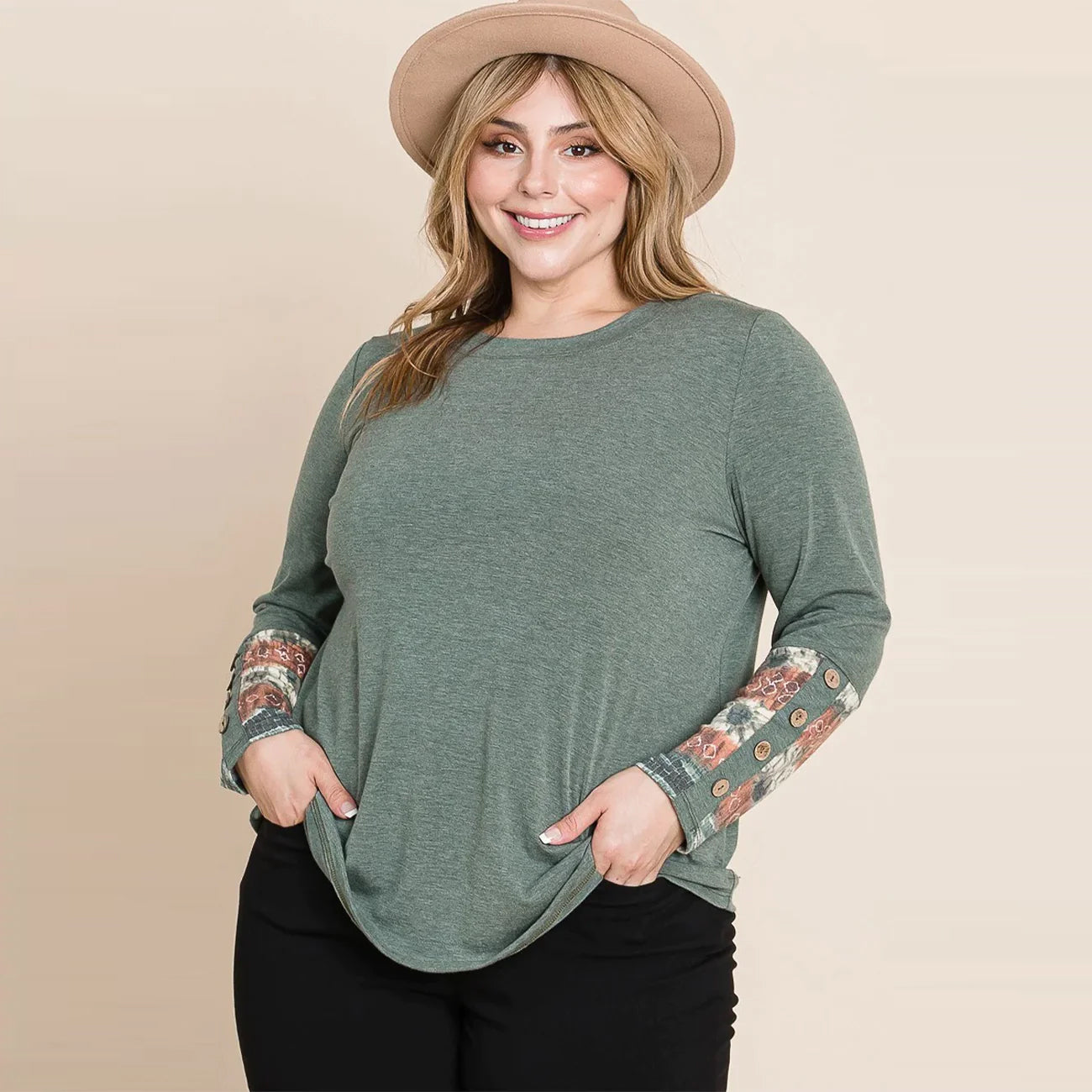 Solid Casual Long Sleeves Plus Women's Top