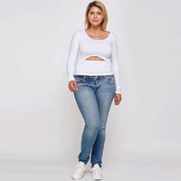 Solid Round Neck Women's Top With Long Sleeves And Cut-out