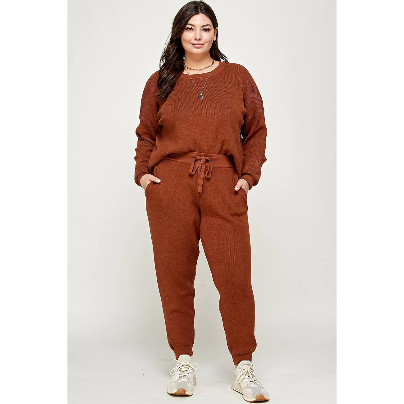 Solid Sweater Knit Women's Top And Pant Set