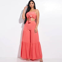 Solid Tie Front Spaghetti Strap Tank Top and Tiered Wide Leg Pants Two Piece Set