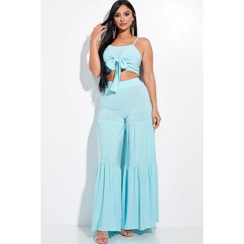 Solid Tie Front Spaghetti Strap Tank Top and Tiered Wide Leg Pants Two Piece Set