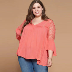 Solid Woven 3/4 Sleeve Plus Women's Babydoll Blouse