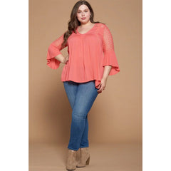 Solid Woven 3/4 Sleeve Plus Women's Babydoll Blouse