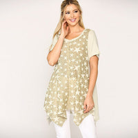 Star Textured Knit Mixed Tunic Top with Shark Bite Hem