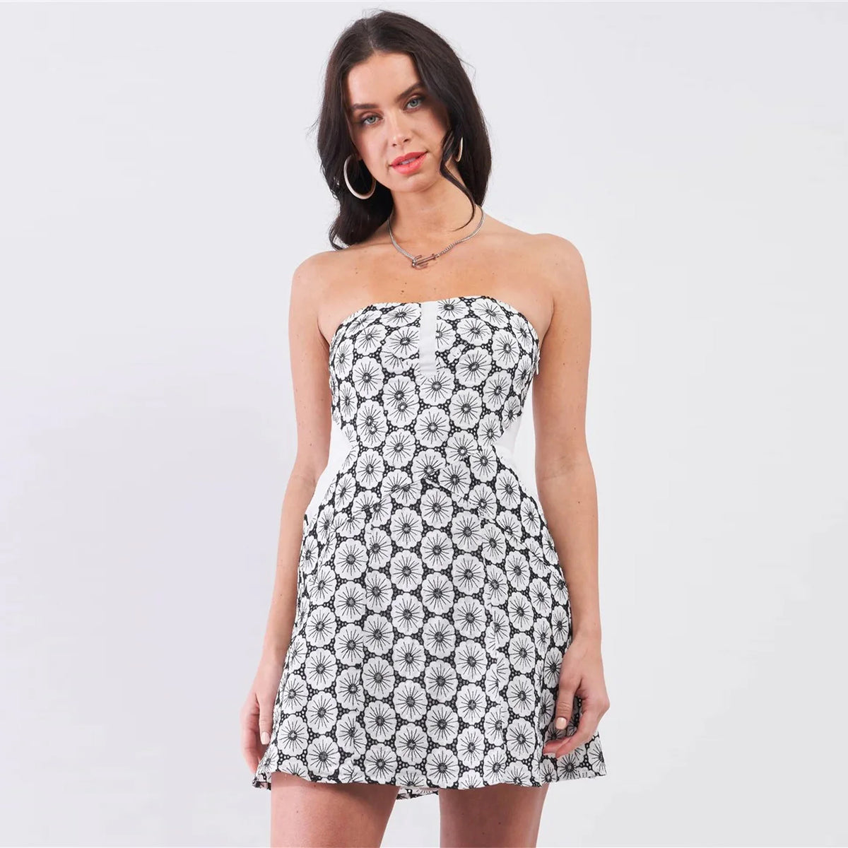 Strapless White and Black Crochet Mini Dress