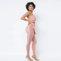 Strappy Ruched Women's Top With Side Panel Leggings