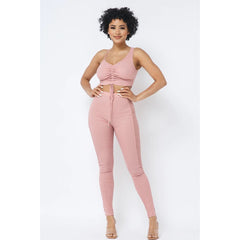 Strappy Ruched Women's Top With Side Panel Leggings