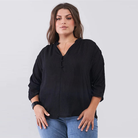 Striped Frill Neck Gathered Sleeve Plus Size Women's Top