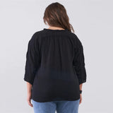 Striped Frill Neck Gathered Sleeve Plus Size Women's Top