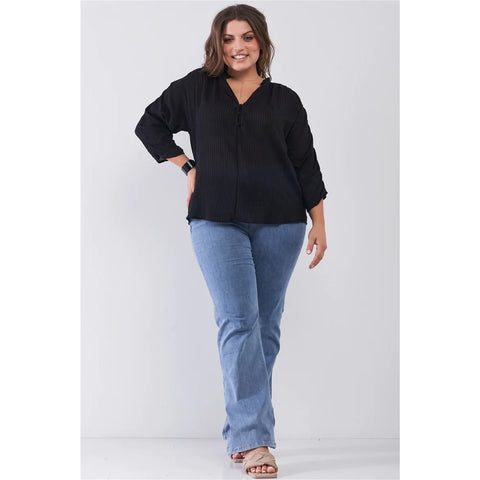 Striped Frill Neck Gathered Sleeve Plus Size Women's Top