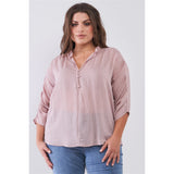 Striped Frill Neck Gathered Sleeve Plus Size Women's Top