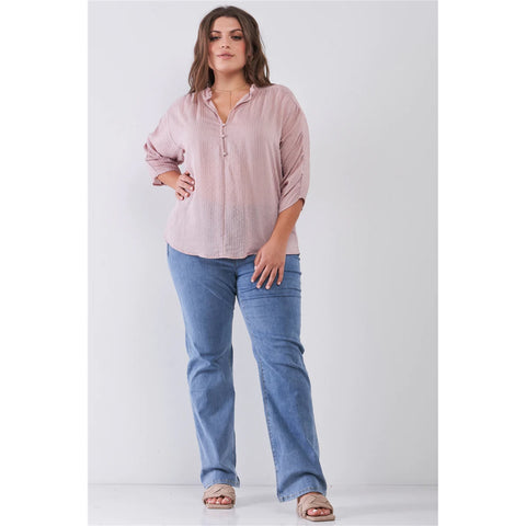 Striped Frill Neck Gathered Sleeve Plus Size Women's Top