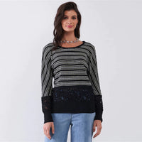 Striped Glitter Long Sleeve Women's Sweater - Black