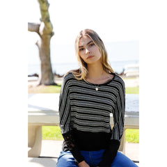 Striped Glitter Long Sleeve Women's Sweater - Black