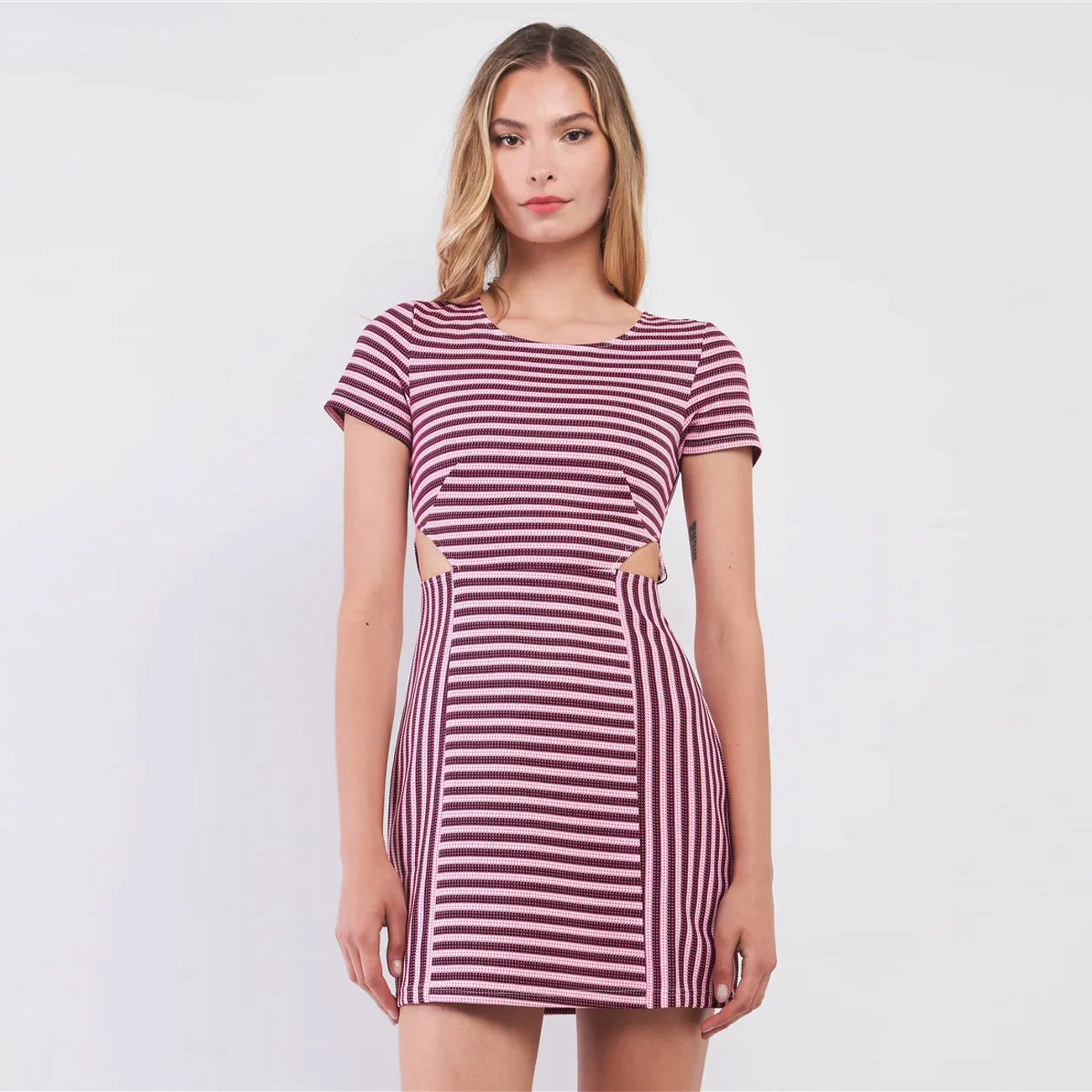 Striped Short Sleeve Cut-out Detail Tight Fit Mini Dress