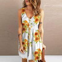 Sunflower Print Button Down Sleeveless Dress