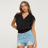 Surplice Neckline Smocking Woven Mesh Women's Waist Blouse