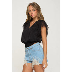 Surplice Neckline Smocking Woven Mesh Women's Waist Blouse