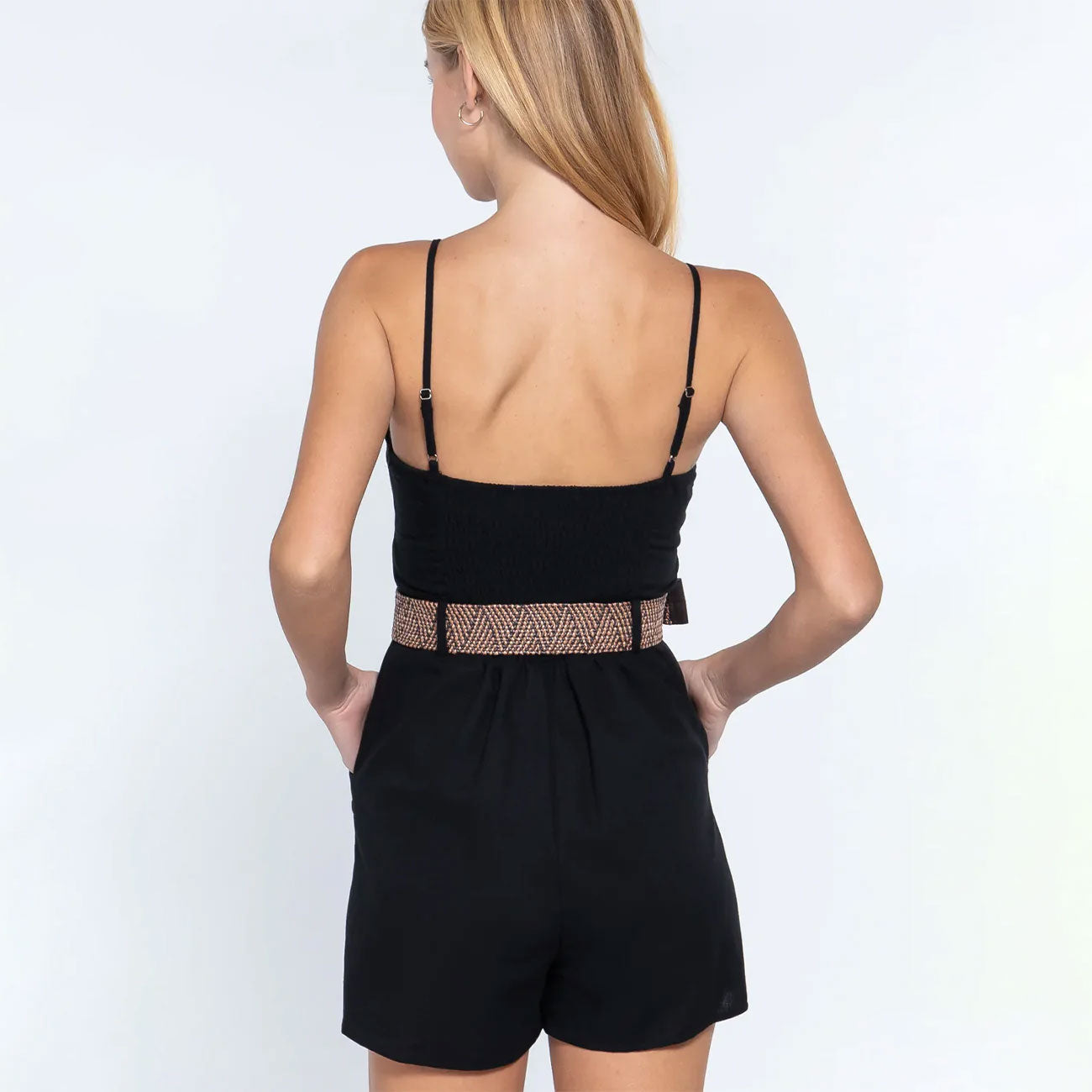 Sweetheart Neck Belted Sexy Romper - Black