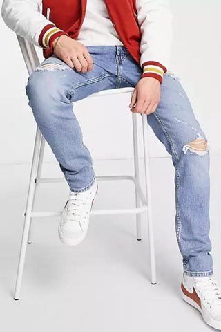 Slim-taper Lo-Ball Jeans in Light Blue Wash With Rips