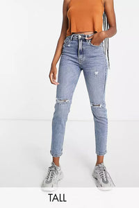 Stradivarius Tall slim mom jean with stretch and rip in authentic blue