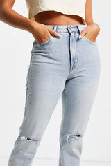Stradivarius cropped cotton slim mom jeans with stretch and rip in light blue