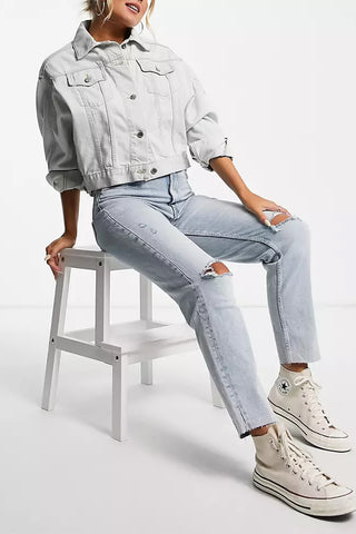 Stradivarius cropped cotton slim mom jeans with stretch and rip in light blue