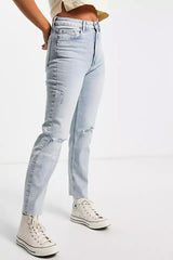 Stradivarius cropped cotton slim mom jeans with stretch and rip in light blue