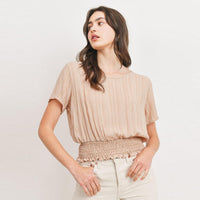 Taupe Printed Woven Crinkle Gauze Waist Smocking Top