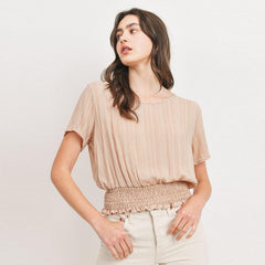 Taupe Printed Woven Crinkle Gauze Waist Smocking Top