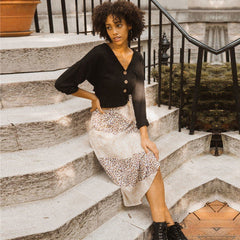 Taupe Floral-print Woven Midi Skirt