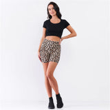 Taupe Leopard Print Yoga Biker Shorts - Black