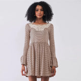 Taupe Stripped Embroidery Long Sleeve Mini Dress