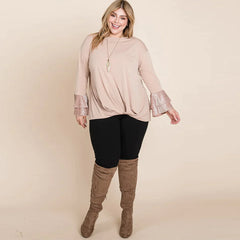 Taupe Two Tier Velvet Animal Sleeves Plus Women's Knit Top