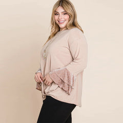 Taupe Two Tier Velvet Animal Sleeves Plus Women's Knit Top